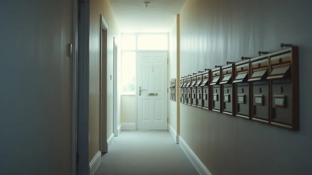 Interior hallway of a residential HMO with multiple doors, letterboxes, and natural light from a distant window, conveying administrative transition and regulatory change.