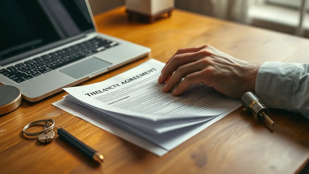 Close-up of hands reviewing a tenancy document under warm desk lamp light, with property keys and laptop softly blurred in the background.