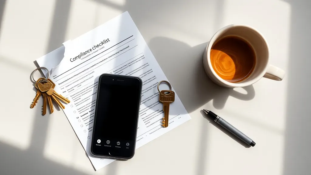 Overhead flat-lay of a property investor's workspace showing a printed compliance checklist, a set of house keys, a smartphone displaying a calendar with a date circled, a cup of coffee, and a pen on a light grey surface, clean minimal composition, bright natural daylight, photorealistic style