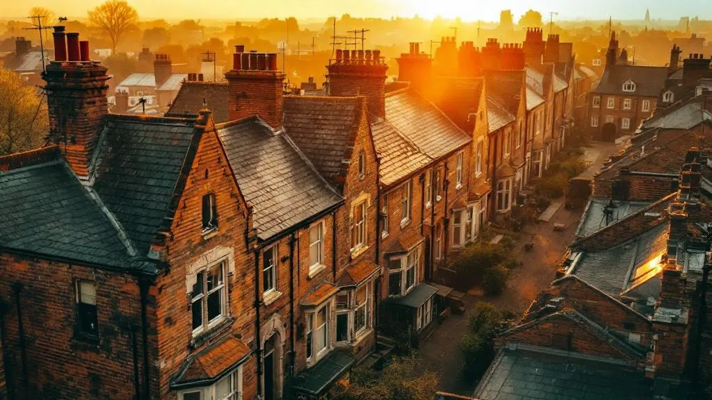 Aerial view of Victorian terraced houses in a Northern English city at sunset, with warm golden light casting long shadows across weathered rooftops in muted earth tones.