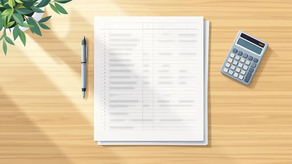 Flat-design illustration of a wooden desk with a printed spreadsheet, diagonal pen, and calculator bathed in soft natural window light from the left.
