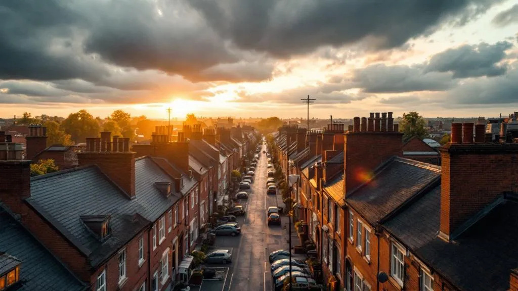 Aerial view of rows of red-brick terraced houses in a UK town street, lit by warm evening light breaking through overcast clouds, shot from above.