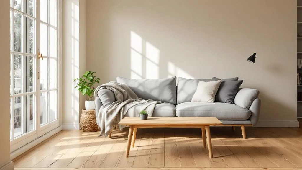 Modern shared living room interior inside a well-presented HMO property, clean Scandinavian-influenced decor with warm neutral tones, comfortable sofa, wooden coffee table, large window letting in soft natural light, no people, tidy and inviting atmosphere suggesting quality rental accommodation, shallow depth of field