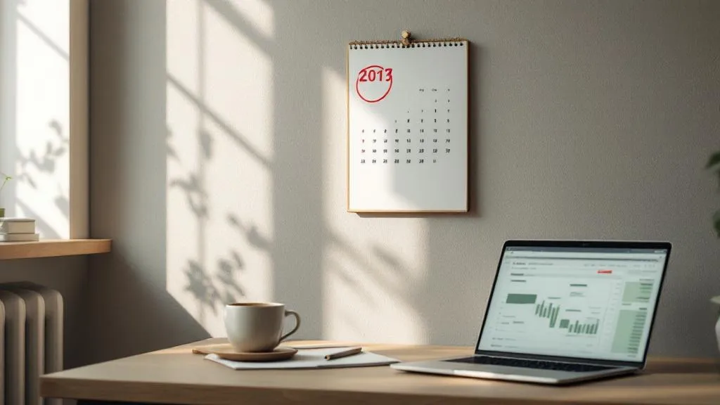 Close-up of a wall calendar with a red-circled date above a desk with laptop, spreadsheet, and coffee cup in warm morning light.