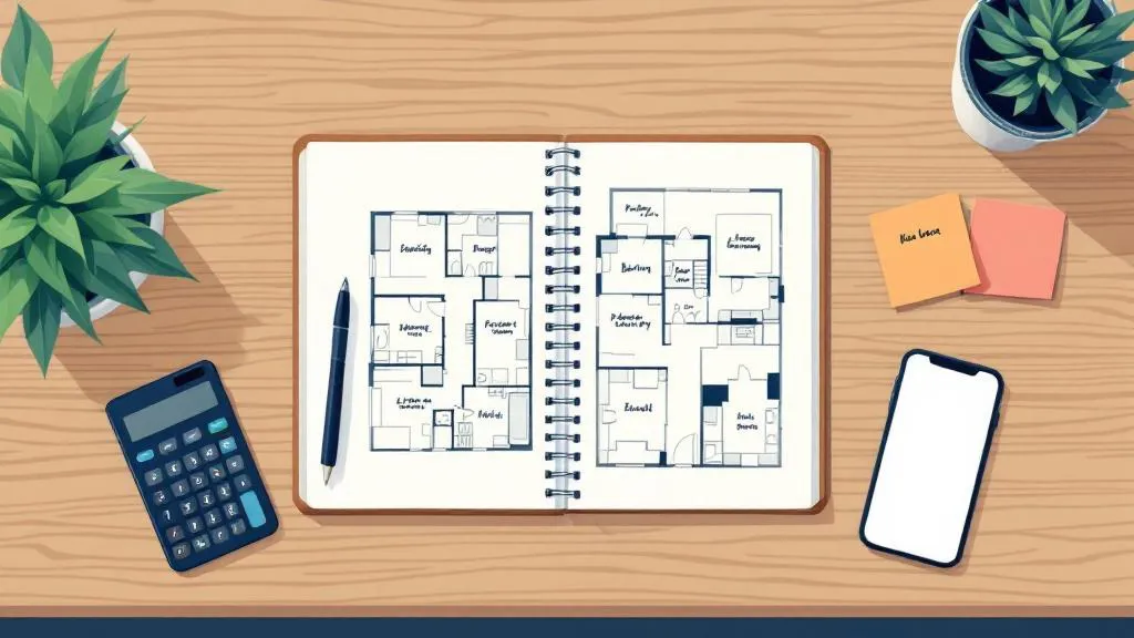 Flat-design overhead illustration of a wooden desk with an open notebook showing a property floor plan, pen, calculator, sticky notes, and smartphone displaying a banking app in muted tones.