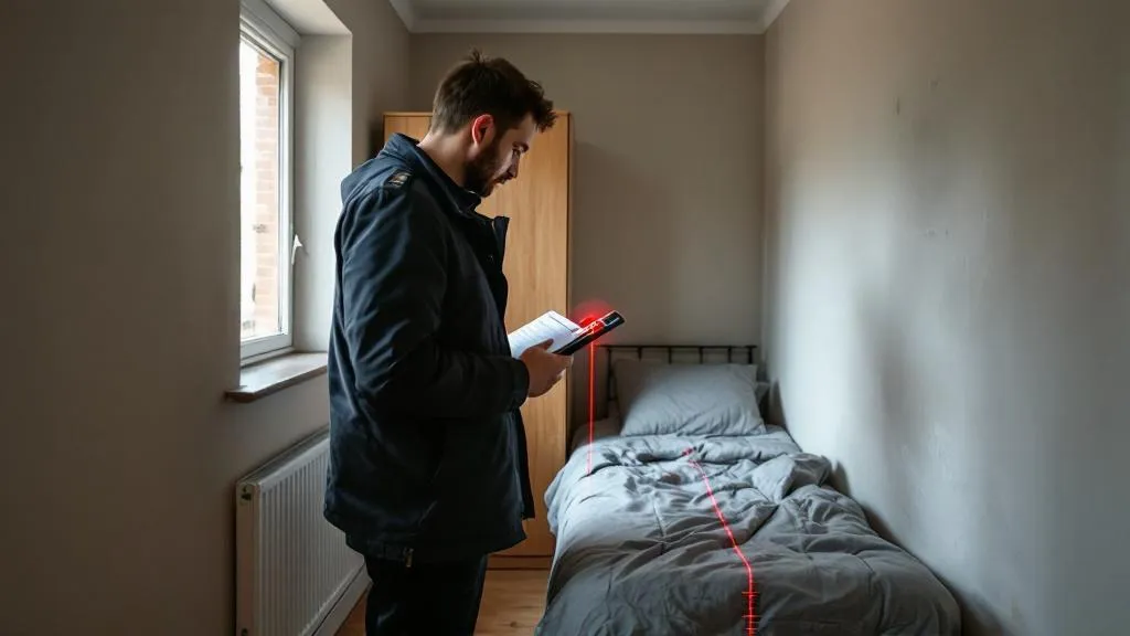 A housing enforcement officer in a dark jacket measures a small bedroom wall with a laser device, its red dot on the skirting board, emphasising the confined space and regulatory scrutiny of an HMO inspection.