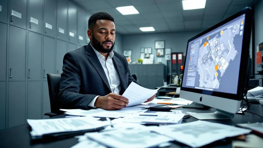 A council housing enforcement officer reviews property documents at a cluttered desk surrounded by filing cabinets and a computer map display in a fluorescent-lit office.
