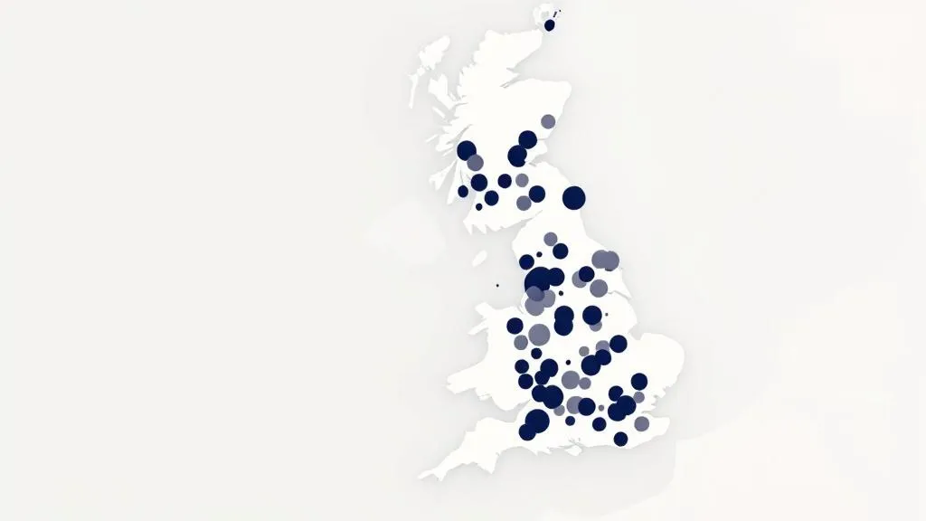 Close-up flat-design infographic style map of England with multiple city dots highlighted in deep navy blue against a light grey background, clean minimal aesthetic, no text or labels, abstract geographic shapes suggesting urban density, soft gradient lighting from top left