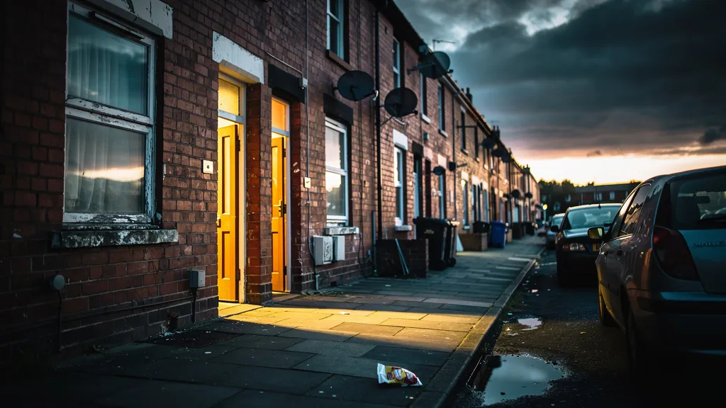 A row of Victorian terraced houses at dusk, lit by amber streetlight. One front door stands slightly ajar with warm light spilling out, set against an overcast grey-blue sky. The scene conveys tension and regulatory concern.