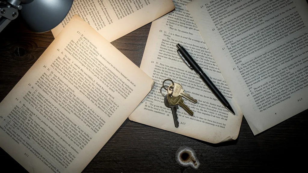 Overhead flat-lay of legal documents, a pen, and house keys on a dark oak desk, lit by a single desk lamp casting sharp shadows, conveying legal complexity and financial consequence.