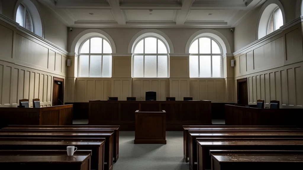 A dramatic wide shot of a modern UK courtroom interior, empty of people, with wooden benches, high ceilings, and tall arched windows letting in cold grey light. The atmosphere is austere and weighty, evoking legal consequence and institutional authority. The colour palette is muted — dark wood, cream walls, grey light. No text, no signage, no people. Photorealistic style.