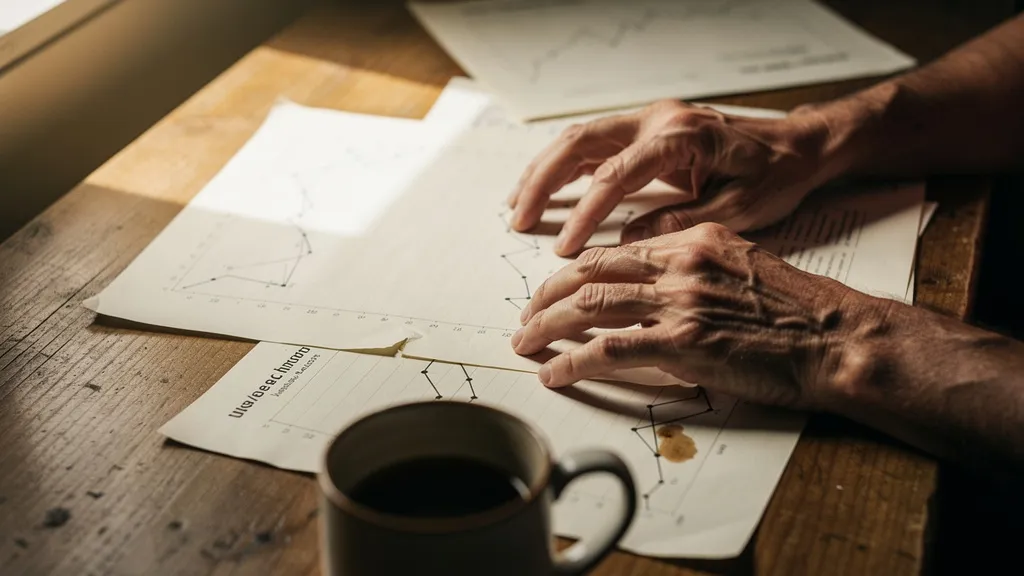 Close-up of hands reviewing printed data charts on a wooden desk in warm window light, with a coffee cup nearby, conveying focused analysis and careful decision-making.