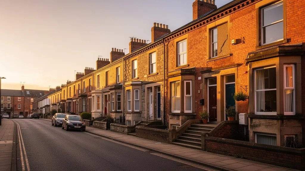 Well-maintained Victorian terraced street in a Northern English city at golden hour, with warm brick tones, clean pavements, and a mix of residential and converted properties under soft afternoon light.