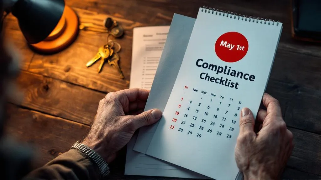 Close-up of a landlord's hands holding a compliance document and calendar marked with a red circled date on a wooden desk, with house keys nearby, shot in warm office lighting.