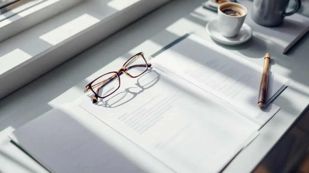 Professional desk setup with open property documents folder, wooden gavel, and reading glasses on a grey desk, lit by natural window light.