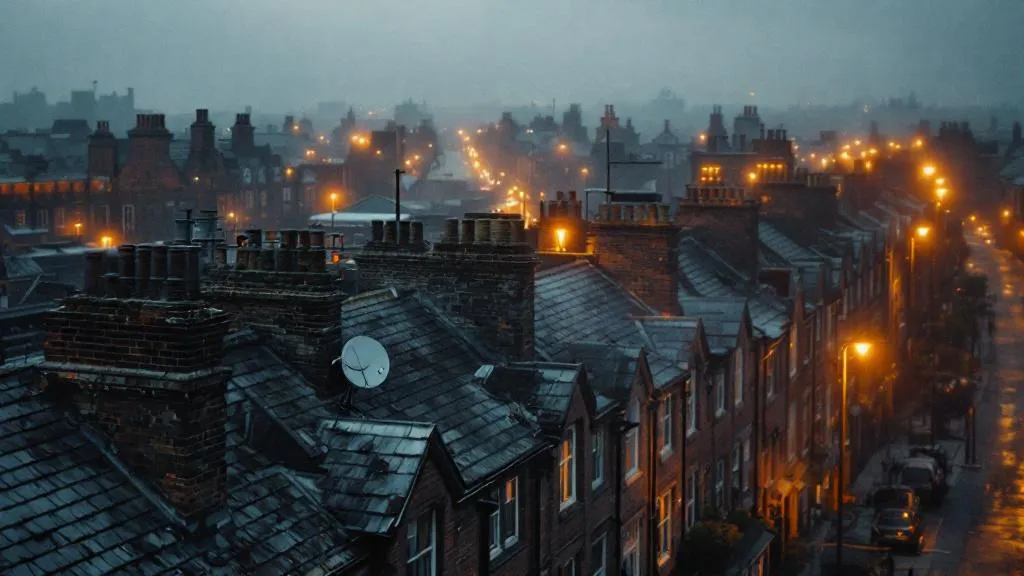 Aerial view of terraced houses in a northern English city at dusk, lit by warm streetlights against grey skies, showing dense residential housing stock.