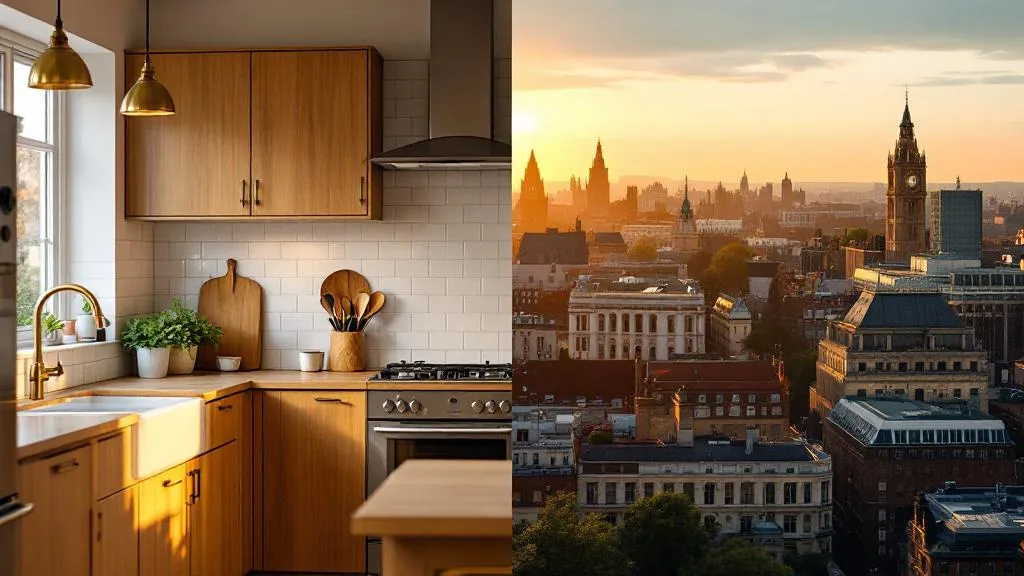 Split-frame comparison: modern HMO kitchen with wooden cabinetry and pendant lights on the left; warm golden-hour UK city skyline on the right.