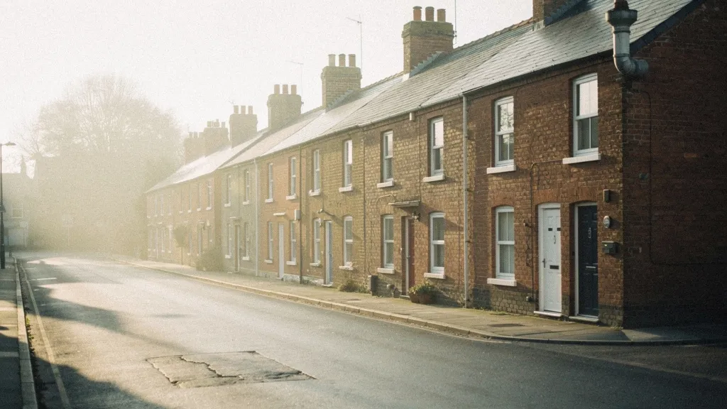 A row of traditional British terraced houses bathed in soft golden dawn light, casting long shadows across a quiet residential street with mist in the background.