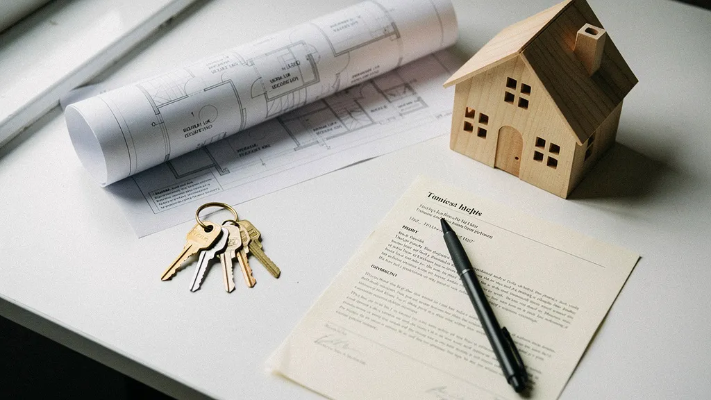 An overhead flat-lay composition on a clean white desk showing a British property floor plan blueprint, a set of house keys, a small wooden model house, and a legal document with a pen resting across it, cool neutral tones with soft diffused natural light from a nearby window, professional and organised aesthetic, no text or numbers visible on any documents