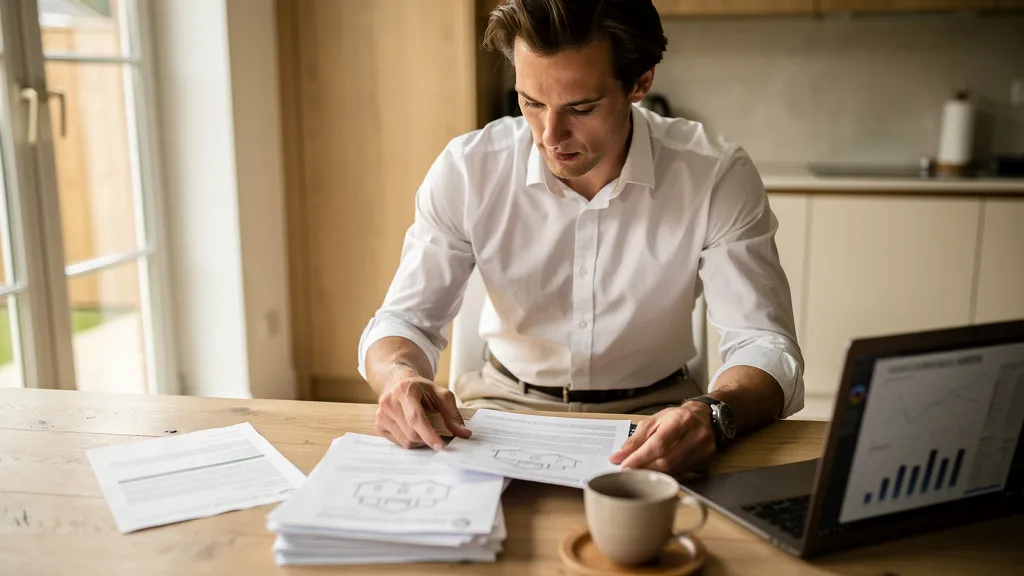 A confident person in smart-casual clothing reviewing property documents at a modern kitchen table in a well-maintained house, natural daylight streaming through large windows, warm neutral interior tones of cream and oak, a laptop open nearby showing charts, calm focused atmosphere suggesting professional competence and control, face partially turned away from camera