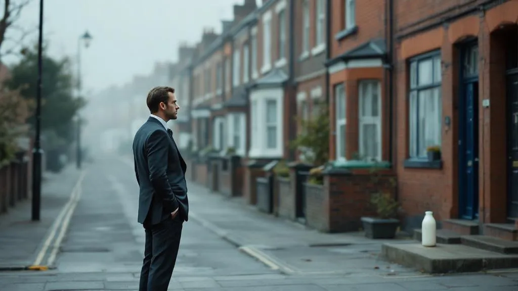 A thoughtful businessman in formal attire stands alone on a quiet British street lined with brick terraced houses, bathed in soft morning light.