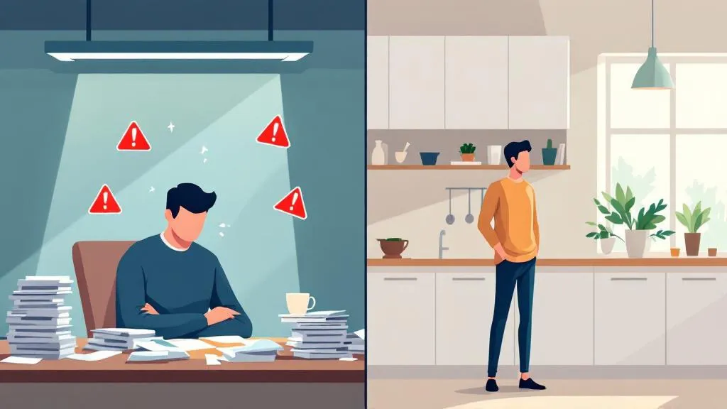 Split-screen flat-design illustration: worried landlord surrounded by paperwork and red alerts on the left; content tenant in a bright, plant-filled kitchen on the right.