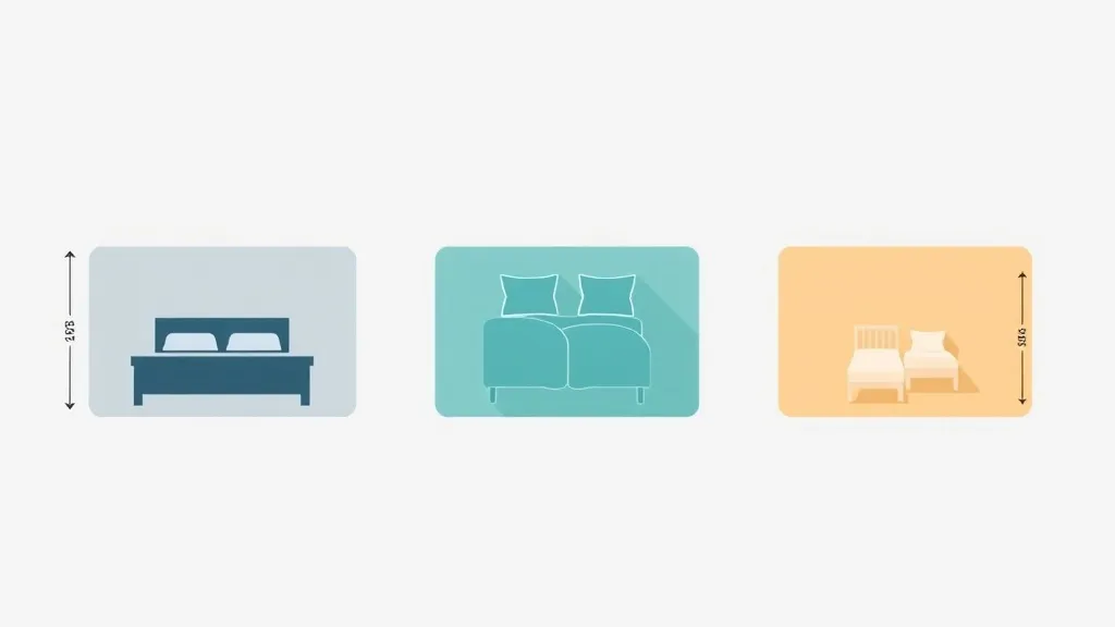 Three flat-design measurement boxes showing bed silhouettes in slate blue, teal, and amber with dimensional floor-area indicators on a light grey background.