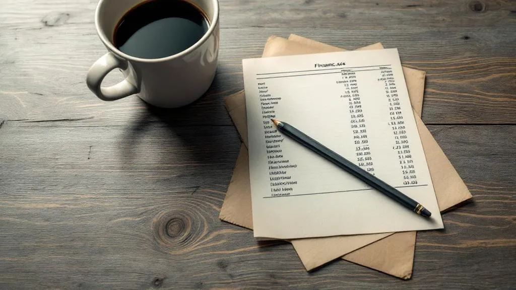 Overhead view of a wooden desk with a printed financial spreadsheet, mechanical pencil, and black coffee in soft natural light, casting analytical mood.