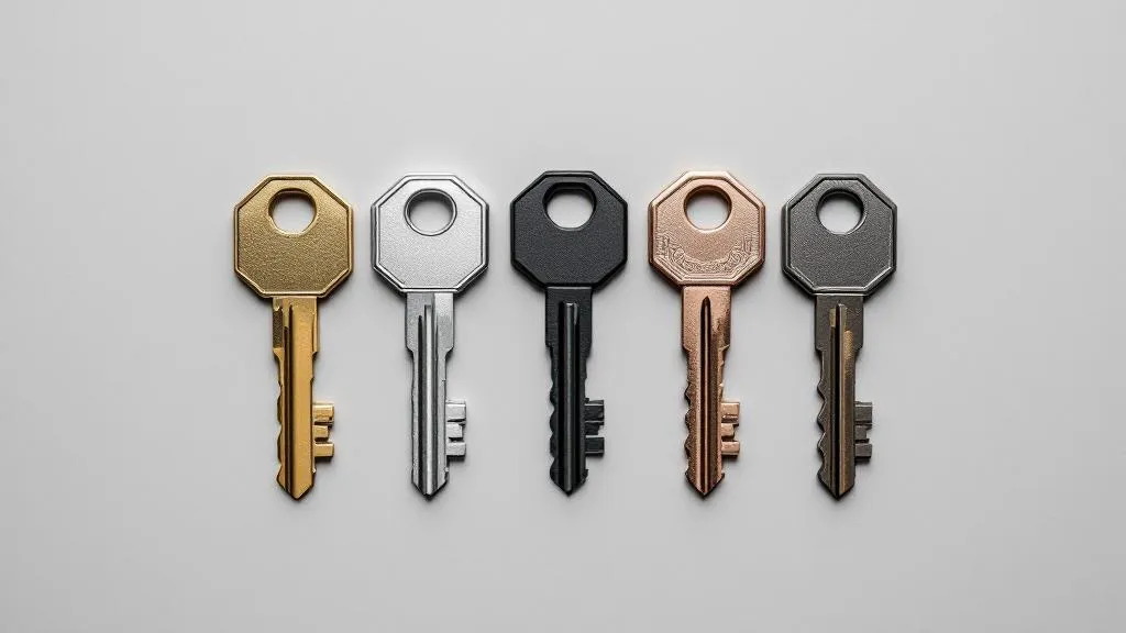 A flat-lay of five identical front door keys arranged in a fan pattern on a plain light grey surface, each key slightly different in finish — brass, silver, matte black, copper, and gunmetal. Soft studio lighting from above, clean minimal composition, shallow depth of field on the nearest key. No labels, no text, no numbers.