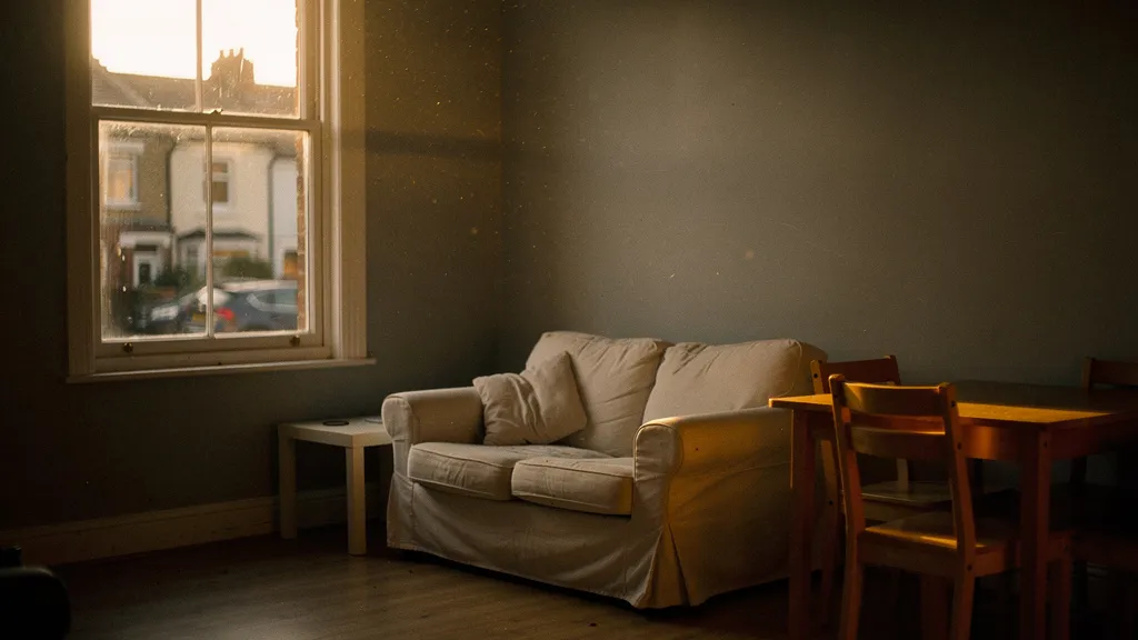 Empty HMO living room at evening, warm light through windows, furnished with sofas and dining table, muted amber and grey tones, quiet and still atmosphere.