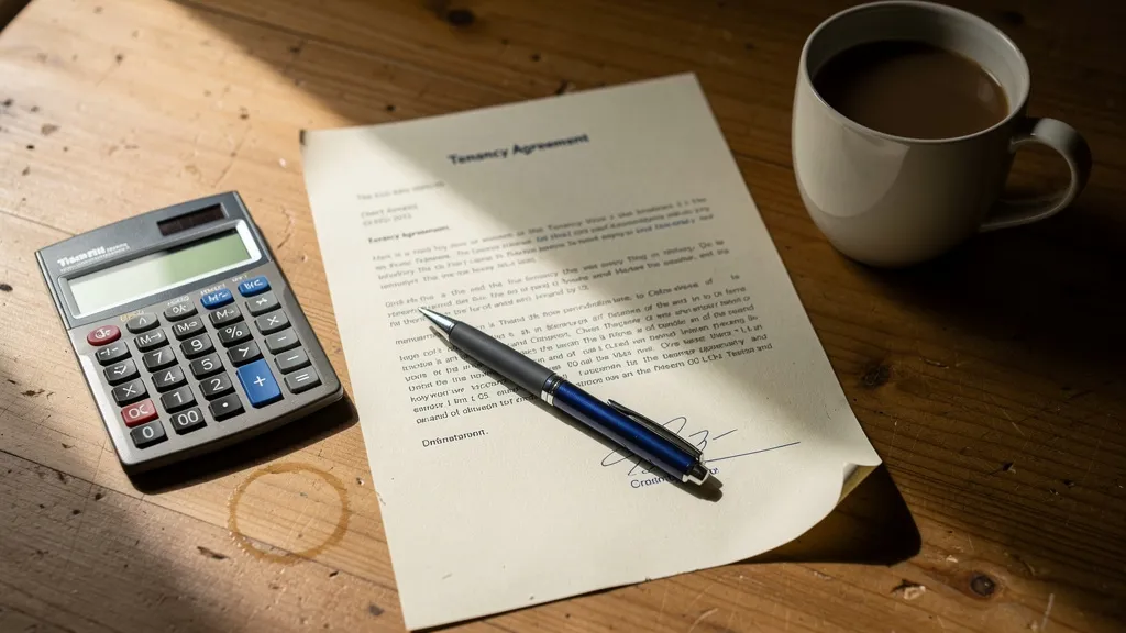 Overhead view of a wooden desk with a printed tenancy document, pen, calculator, and coffee cup arranged in natural daylight, casting soft shadows.