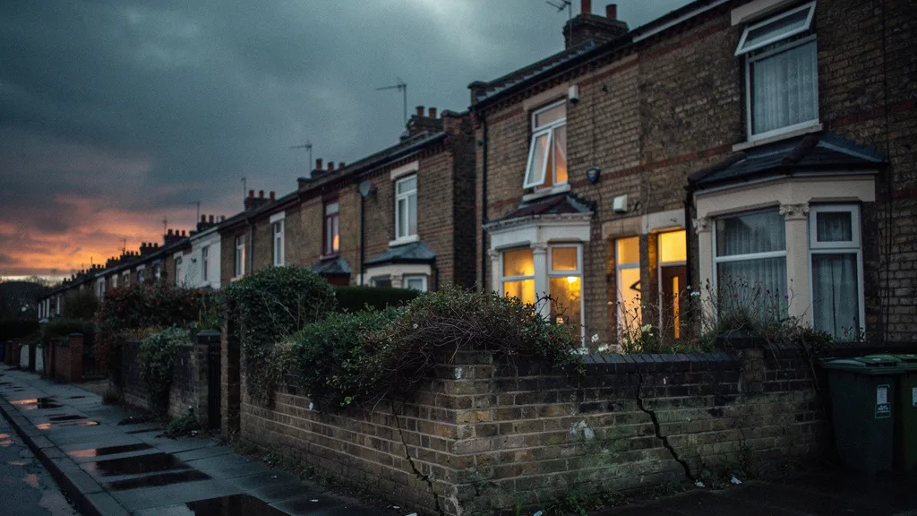 Low-angle dusk photograph of a British terraced street with lit windows and overcast sky in deep blue and orange tones, one house in focus with unkempt garden in foreground.