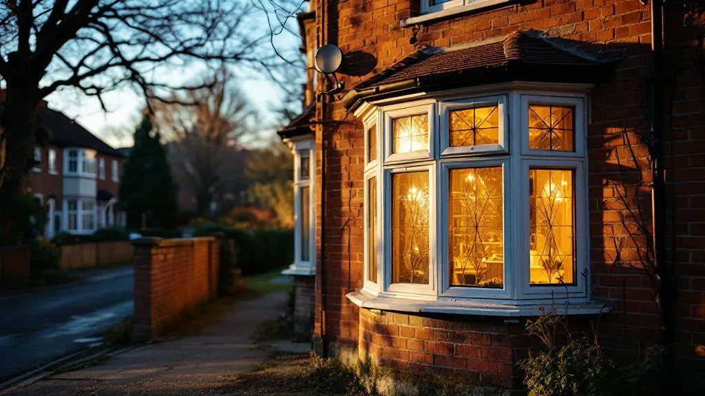 A red-brick UK terraced house at dusk with warm golden light casting long shadows across the front path; frosted windows glow softly from interior lights as the residential street quiets into evening.