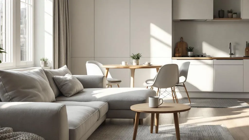 Bright, minimalist shared living room in a UK HMO with Scandi furniture, natural daylight from large windows, warm wood accents, and a tidy kitchen visible in the background.