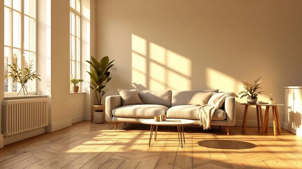 Sunlit Victorian living room with polished hardwood floors, tall sash windows, and modern neutral furnishings casting long shadows in golden afternoon light.