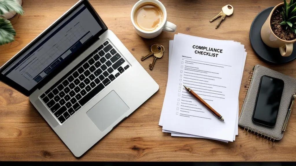 Overhead view of an organised property investor's desk with laptop, compliance checklist, keys, coffee cup, and potted plant arranged on warm wood tones in soft natural light.