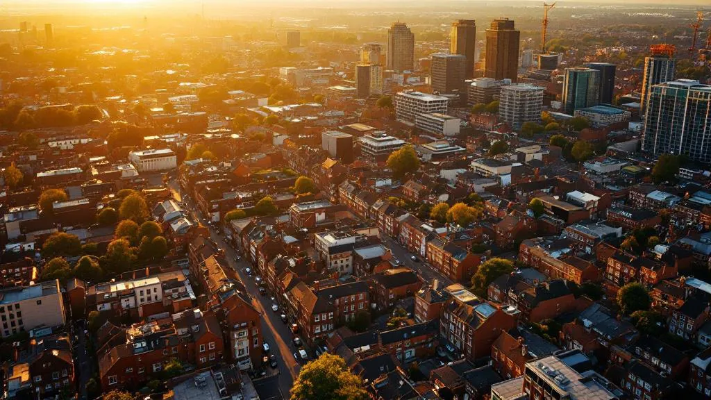 Aerial view of a UK city at sunset showing Victorian terraced houses and modern apartment blocks bathed in golden light, with distant suburbs softly blurred.