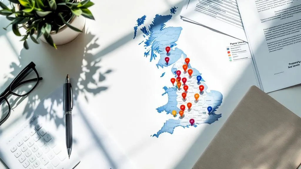 Overhead flat-lay of a UK investment property map with coloured pins, calculator, pen, and documents on a white desk, cool blue tones with warm accent lighting.