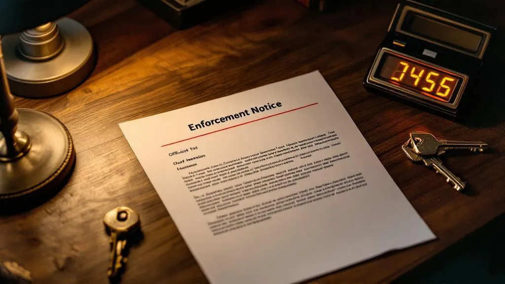 Close-up of an official enforcement notice on a wooden desk beside house keys and a calculator, lit by warm office lighting with red accents on the letter.