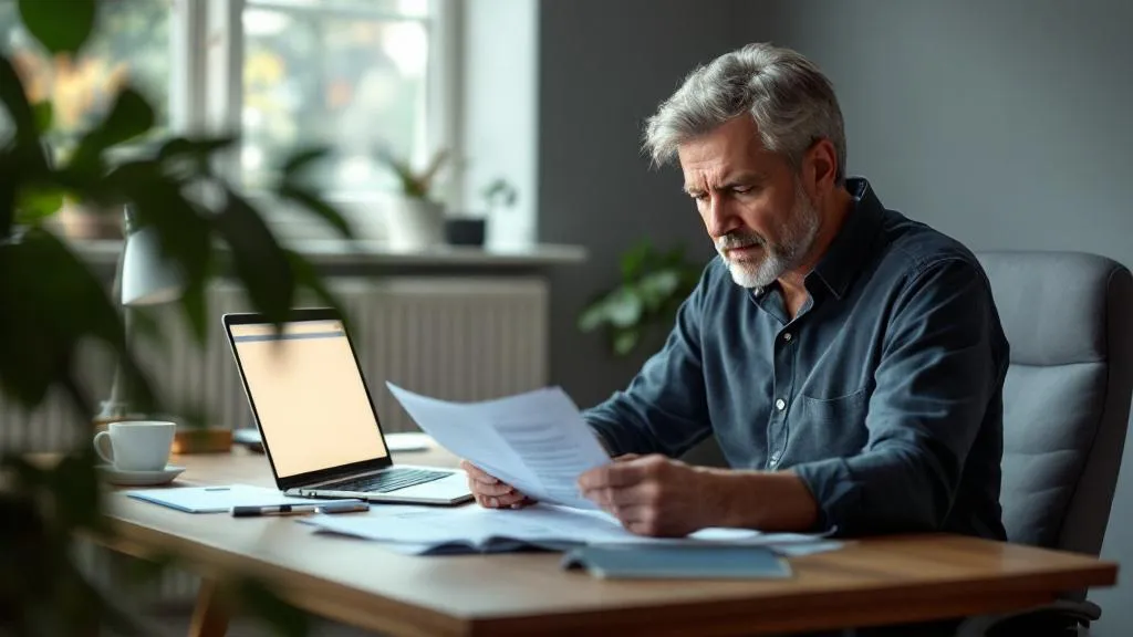 A landlord sitting at a desk reviewing official documents and a laptop screen showing a local council website. The room is a home office with natural light. The person looks focused and slightly concerned. Neutral colours — grey, white, and muted blue. Photorealistic. No text, logos, or numbers visible on screen or documents.