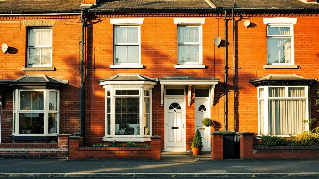 Freshly renovated red-brick terraced house on a North West England street in afternoon sunlight, with white uPVC windows, tidy front path, and neighbouring houses visible.
