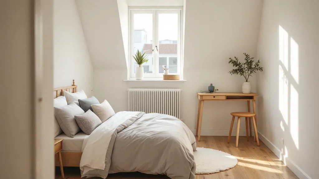 Bright, minimalist HMO bedroom with double bed, grey bedding, wooden floors, desk by window with natural daylight, professional rental interior.