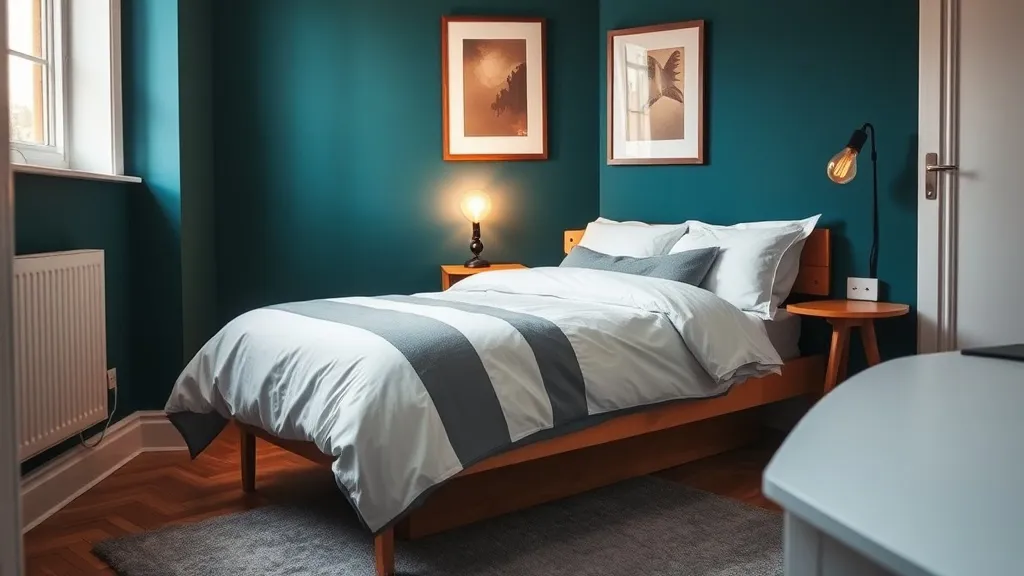 A staged HMO bedroom featuring a deep teal feature wall, warm Edison-bulb bedside lighting, crisp white and grey bedding, wooden desk, and grey rug on light oak flooring.