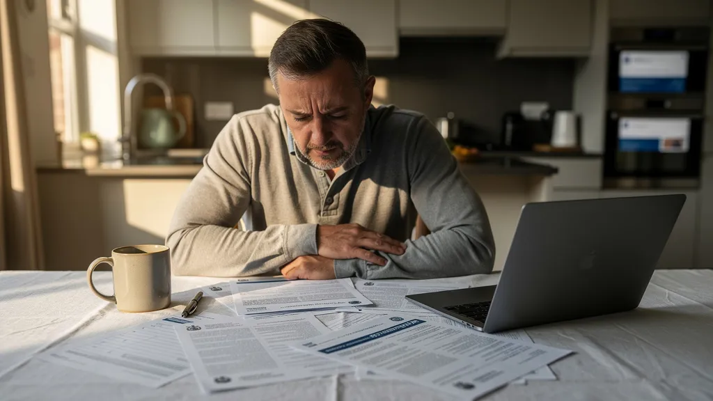 A landlord sits at a kitchen table surrounded by official documents and a laptop showing a government webpage, lit by warm afternoon light, expressing worry and stress.