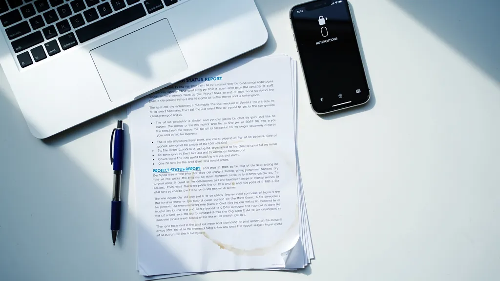 Overhead view of a white desk with a laptop keyboard, printed document, pen, and mobile phone arranged in natural daylight, conveying organised compliance work.