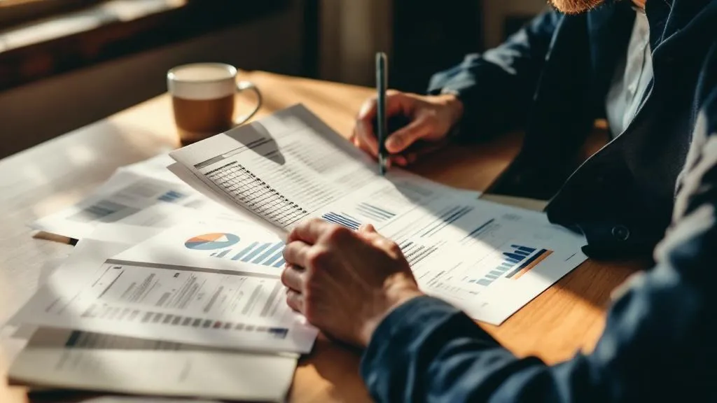 A professional reviews financial documents at a wooden desk in natural window light, laptop and papers in focus, warm muted tones.