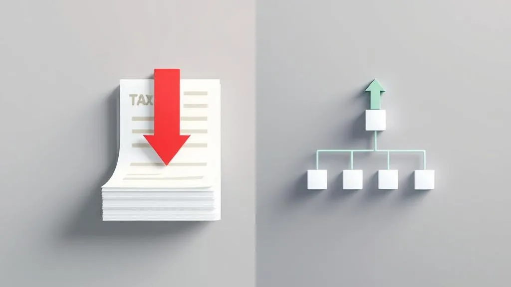 Split-view flat-design illustration: left shows stacked tax documents with red downward arrow; right shows corporate structure diagram with green upward arrow, both on neutral grey surface.
