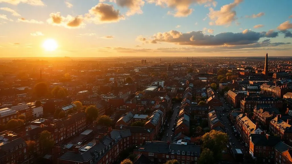 Aerial view of a dense northern UK city at golden hour, showing rows of Victorian terraced housing with warm amber light, scattered clouds, and a dramatic sky.