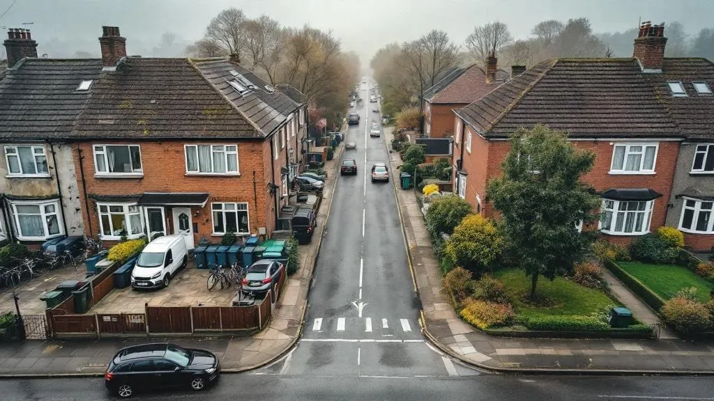 Aerial split-screen view of two contrasting UK streets: left shows a busy Victorian terrace with bins and bikes; right shows a neat semi-detached home. Overcast British afternoon light, muted natural tones.
