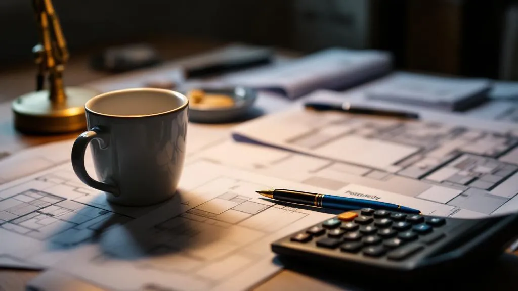 Close-up of a UK landlord's desk with a spread of paper documents, a calculator, a pen, and a coffee mug. The papers show columns of figures and property floor plans but no readable text or numbers. Warm desk lamp light, slightly cluttered, realistic texture, photorealistic style, shallow depth of field.
